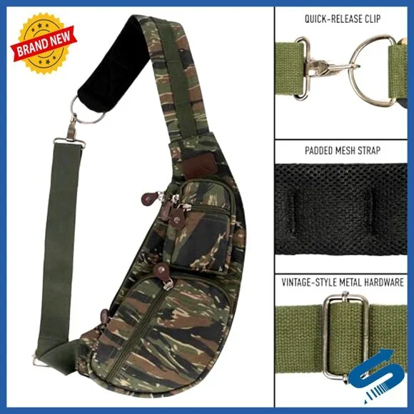 Vintage Canvas Crossbody Sling Bag, Compact Travel Backpack, 2L Storage